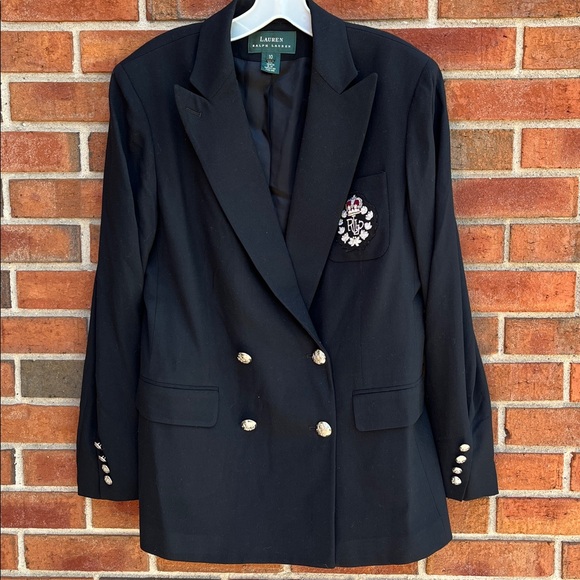 VTG Ralph Lauren Royal Crest Double-Breasted Black Wool Blazer Crest Buttons 10 - Picture 1 of 14